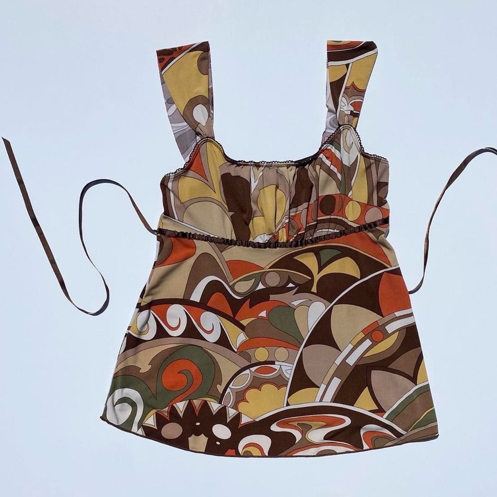 Iz Byer California earthy orange brown groovy abstract top Women's Large 70s